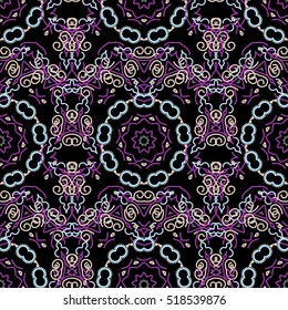 Baroque damask vintage blue and violet vector seamless pattern background. Wallpaper with antique floral medieval baroque abstract flowers and ornaments. Damask pattern in baroque style.