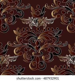Baroque damask vintage brown vector seamless pattern background wallpaper illustration.with antique floral medieval baroque 3d flowers and ornaments.