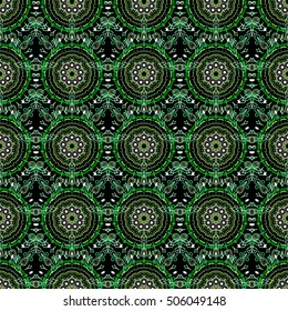 Baroque damask vintage green vector seamless pattern background. Wallpaper with antique floral medieval baroque abstract flowers and ornaments. Baroque ornament. Damask pattern in baroque style.