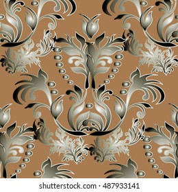 Baroque damask vintage light brown vector seamless pattern background wallpaper illustration.with antique floral medieval baroque grey 3d flowers and ornaments.