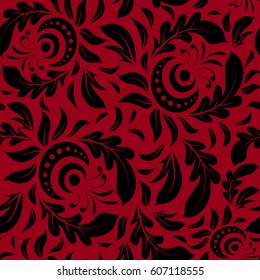 Baroque damask vintage monochrome doodles vector seamless pattern on red background. Wallpaper with antique floral medieval baroque abstract doodle ornament. Damask pattern in baroque style.