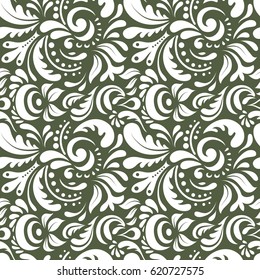 Baroque damask vintage monochrome doodles vector seamless pattern on green background. Wallpaper with antique floral medieval baroque abstract doodle ornament. Damask pattern in baroque style.