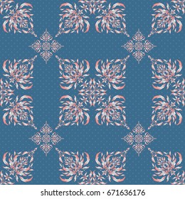 Baroque damask vintage pink and blue vector seamless pattern background. Damask pattern in baroque style. Wallpaper with antique medieval baroque abstract and ornaments. Doodle ornament.