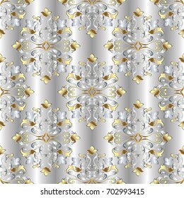 Baroque Damask vintage seamless pattern. Silver vector background wallpaper illustration with 3d gold flowers, scroll leaves and antique royal baroque ornaments in Victorian style.Endless rich texture