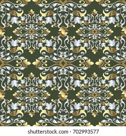 Baroque Damask vintage seamless pattern. Green vector background wallpaper illustration with gold silver 3d flowers, leaves and antique royal baroque ornaments in Victorian style. Endless rich texture