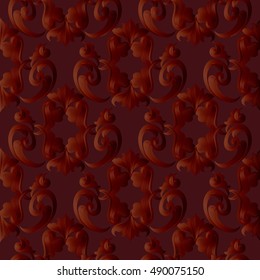Baroque damask vintage  vector dark red monochrome seamless pattern background wallpaper illustration.with antique floral medieval  3d flowers ornaments.Baroque ornament.