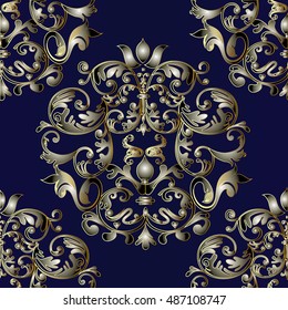 Baroque damask vintage vector seamless pattern background wallpaper illustration. Royal gold baroque damask antique baroque 3d ornaments on the dark blue background.Endless  texture. Baroque ornament