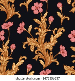 Baroque decor elements and flowers. Seamless pattern. Vector illustration. Golden curls on a black background. Vintage.
