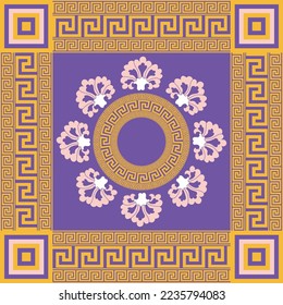 Baroque Decorative Abstract Scarf Square Design Oriental Flowers Elegant Luxury Concept Vector Artwork Trendy Fashion Colors Orange Electric Purple Pastel Pink Tones