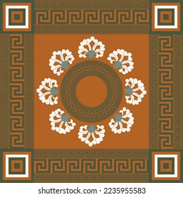 Baroque Decorative Abstract Scarf Square Design Oriental Flowers Elegant Luxury Concept Vector Artwork Trendy Fashion Colors Dark Green Amber Brown Tones