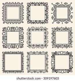 Baroque doodle frames set, square border ornament, islamic arabic indian pattern.