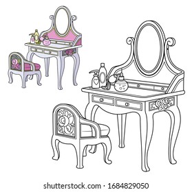 Baroque dressing table and small chair outlined and color for coloring book