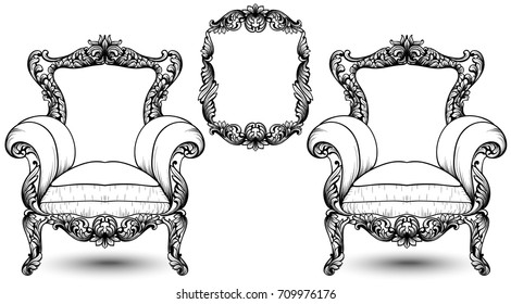 Baroque elegant armchair and frame set on white background. Vector designs