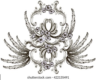 Baroque element with scrolls and small flowers black and white