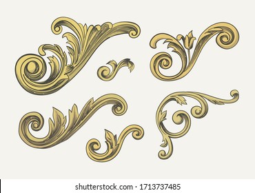 Baroque Elements. Golden Leaves And Flowers. Swirls For Design.  