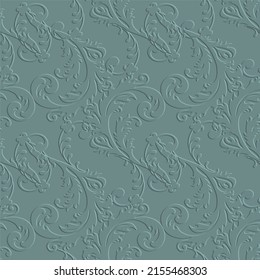 Baroque embossed floral line art tracery 3d seamless pattern. Leafy relief background. Repeat textured blue backdrop. Surface leaves, swirls. 3d vintage endless ornaments with embossing effect.