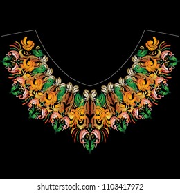 Baroque embroidered neckline floral pattern. Tapestry antique colorful flowers, leaves. Beautiful embroidered decorative ornament. Grunge ornamental design for fashion, clothes, fabric, textile, print