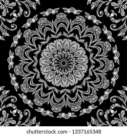 Baroque embroidery floral vector seamless pattern. Tapestry round ornamental mandala. Black and white repeat patterned backdrop. Grunge ornament. Embroidered flowers, leaves in baroque Victorian style