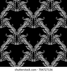 Baroque embroidery seamless pattern. Floral damask black background wallpaper with white vintage grunge flowers, arras scroll leaves and antique tapestry baroque ornaments. Floral vector hatch texture