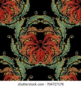 Baroque embroidery seamless pattern. Floral damask background wallpaper with 3d colorful vintage grunge flowers, arras scroll leaves and antique tapestry baroque ornaments. Vector embroidered texture
