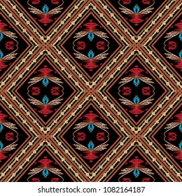 Baroque embroidery striped vector seamless pattern. Grunge textured abstract geometric background. Vintage tapestry arras baroque ornament. Embroidered stripes, lines, flowers, leaves, rhombus, frames