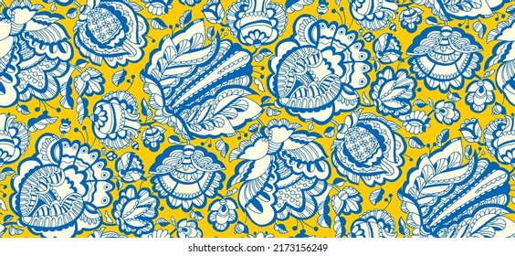 Baroque embroidery style flowers seamless pattern. Ukraine colors floral repeatable vector motif for print, web, textile, fabric, digital paper, scrapbook.