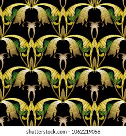 Baroque embroidery vector 3d seamless pattern. Tapestry antique floral ornament. Vintage embroidered yellow green flowers, leaves, scrolls. Grunge background. Floral fancywork wallpaper. Luxury design