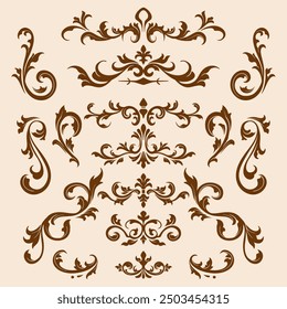 Baroque engraved. Victorian floral ornamental borders, luxury vintage decorative frame elements. Vector illustration royal set for wedding invitation and greeting cards, ornaments romantic invitations