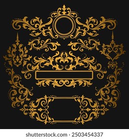 Baroque engraved. Victorian floral ornamental borders, luxury vintage decorative frame elements. Vector illustration royal set for wedding invitation and greeting cards, ornaments romantic invitations