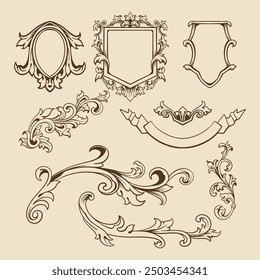 Barock eingraviert. Viktorianische florale Zierrahmen, luxuriöse Vintage-dekorative Rahmenelemente. Vektorgrafik königliches Set für Hochzeitseinladungen und Grußkarten, Ornamente romantische Einladungen