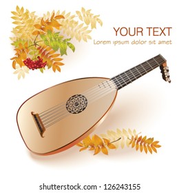 Baroque era lute. Isolated on white autumn background with yellow leaves and a bunch of rowan