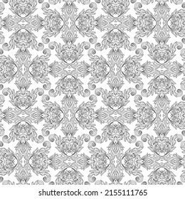 Baroque floral black and white seamless pattern. Ornamental antique style vector background. Vintage flowers leaves Damask ornaments. Ornate repeat monochrome floral backdrop. Endless texture.