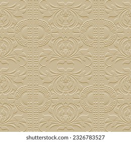 Baroque floral emboss 3d vector seamless pattern. Embossed background with greek key vertical borders, vintage flowers, leaves, circles. Surface design. Relief grunge texture. Greek key meanders.