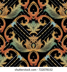 Baroque floral embroidery seamless pattern. Vector hatching grunge background. Vintage embroidered wallpaper. Colorful tapestry flowers, leaves. Antique  damask ornaments. Embroidered luxury design.