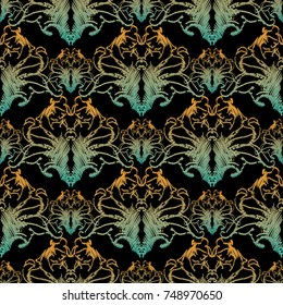 Baroque floral embroidery seamless pattern. Vector damask background. Vintage embroidered wallpaper. Colorful tapestry flowers, leaves. Antique grunge Baroque  ornaments. Embroidered pattern design.