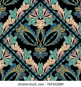 Baroque floral embroidery seamless pattern. Vector hatching grunge background. Vintage embroidered wallpaper. Elegant tapestry flowers, stripes, leaves. Antique damask ornaments. Embroidered design.