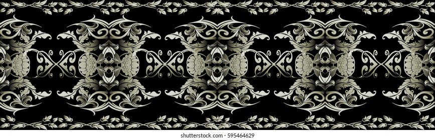 Baroque floral seamless border pattern. Modern black background wallpaper illustration with grey 3d damask ornaments in  Victorian style. Luxury vector texture for fabric, curtains, textile.