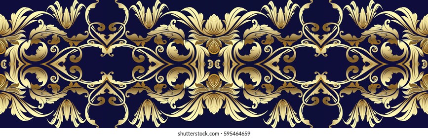 Baroque floral seamless border pattern. Modern dark blue background wallpaper illustration with gold 3d damask ornaments in  Victorian style. Luxury vector texture for fabric, curtains, textile.