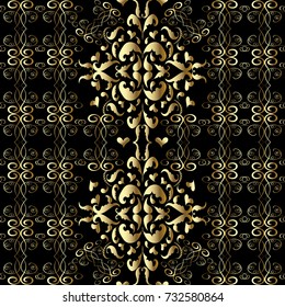 Baroque floral seamless pattern. Black vintage background fabric wallpaper with hand drawn swirl gold flowers, scroll leaves and antique damask ornaments.Vector luxury texture