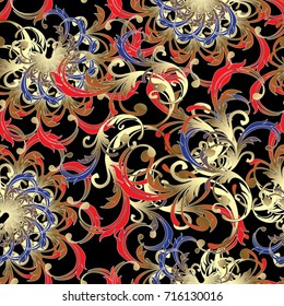 Baroque floral seamless pattern. Colorful damask background wallpaper illustration with vintage antique red, gold, blue flowers, scroll leaves and Baroque ornaments. Vector rich beautiful texture