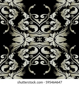 Baroque floral seamless pattern. Elegant dark background wallpaper illustration with  3d beige damask ornaments in  Victorian style. Luxury vector texture for fabric, curtains, textile.