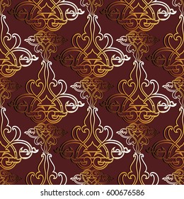 Baroque floral seamless pattern. Elegant dark red background wallpaper illustration with gold 3d damask ornaments in Victorian style. Luxury vector texture for fabric, curtains, textile.