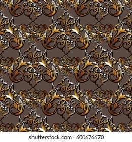 Baroque floral seamless pattern. Elegant dark background wallpaper illustration with  3d gold damask ornaments in  Victorian style. Luxury vector texture for fabric, curtains, textile.