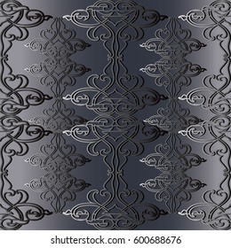 Baroque floral seamless pattern. Elegant grey monochrome background wallpaper illustration with  3d damask line art ornaments in  Victorian style. Luxury vector texture for fabric, curtains, textile.