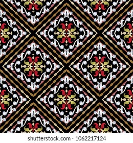 Baroque floral seamless pattern. Geometric abstract vector background. Damask vintage leafy ornaments in rhombus frames. Surface texture. Antique flowers, leaves, scrolls. Design for wallpapers, print