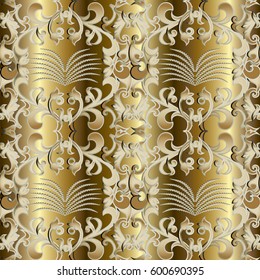 Baroque floral seamless pattern. Gold background wallpaper illustration with antique 3d damask ornaments in Victorian style.  Luxury vector texture for fabric, curtains, textile. Decor with shadows.