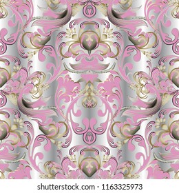 Baroque floral vector 3d seamless pattern. Damask ornamental elegance silver background. Vintage pink flowers, scroll leaves. Antique ornaments. Decorative drapery surface texture. Wallpaper, textile.