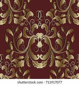 Baroque floral vintage seamless pattern. Damask gold ornament. Dark red background with ornamental golden hand drawn antique swirl scroll leaves and 3d flowers. Luxury vector surface 3d texture.