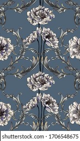 Baroque flowers with baroque swirls and scrolls and with peony bouquet on blue background 