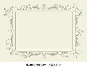baroque frame decorated with vector symbols of hearts, butterflies and leaves